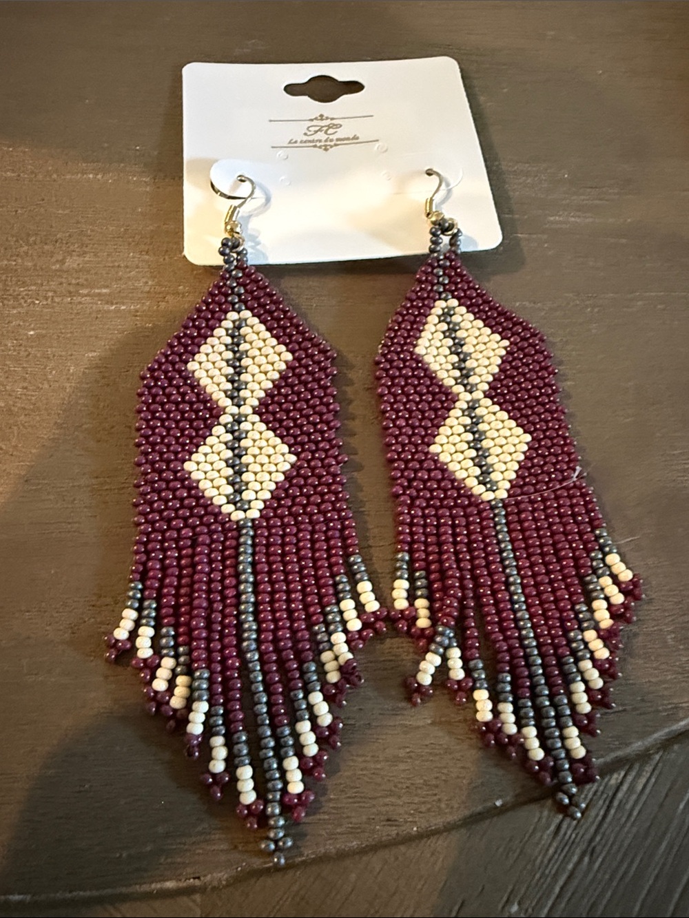 Handmade Beaded Fringe Earrings - Burgundy and Cream